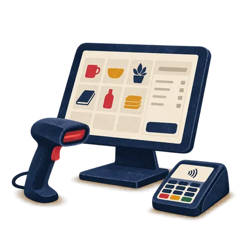 A tablet on a stand, a handheld barcode scanner and a card reader on a counter